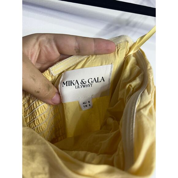 MIKA & GALA Sunday Mornings Ruched Bust Midi Dress Lemon Size Small - Picture 5 of 8